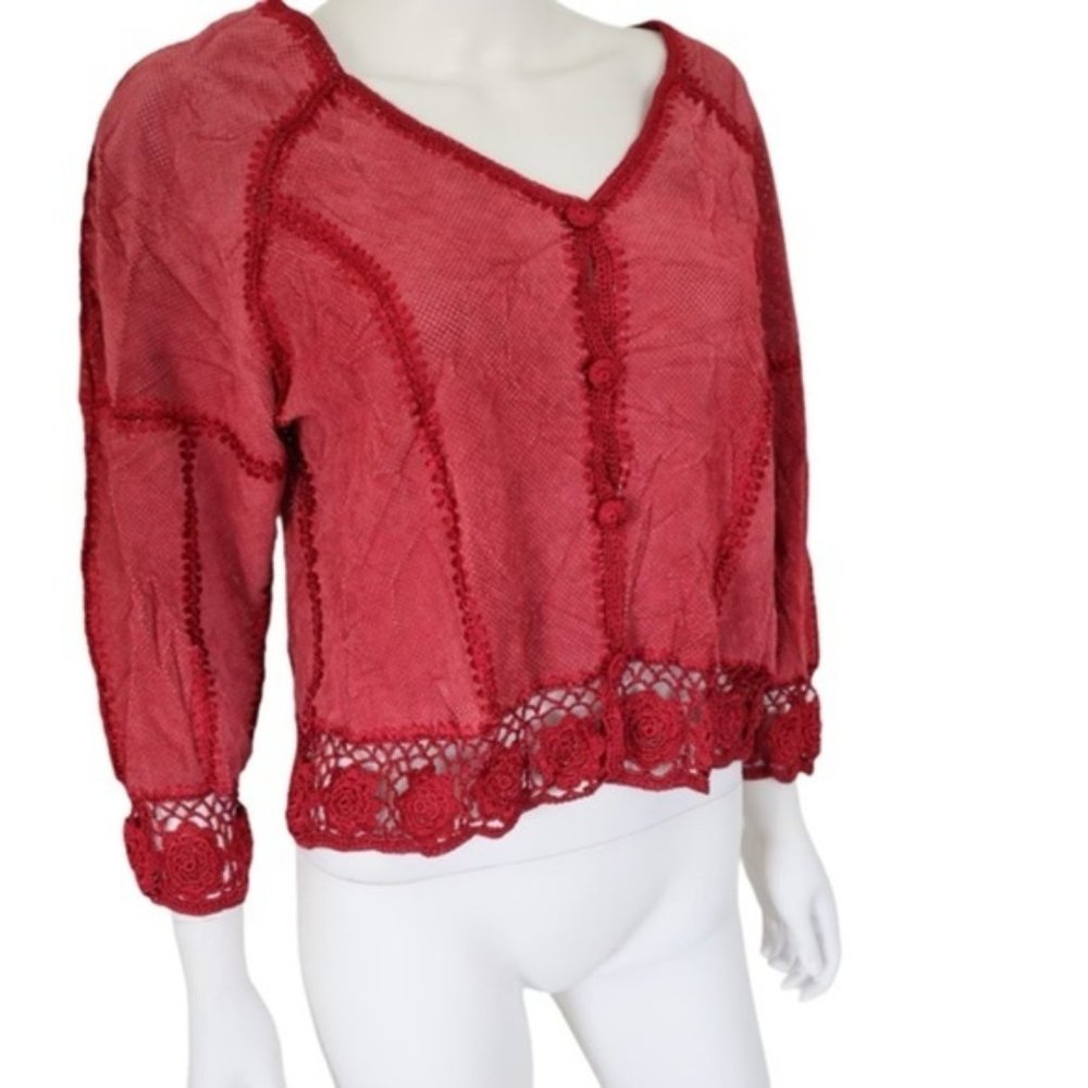 S.M.H Boutique Vintage Red Leather Crochet 80’s Style Sweater Top Crop M